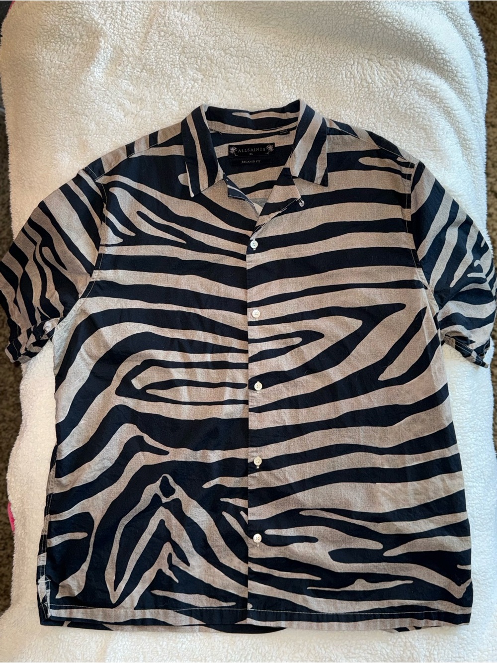 AllSaints Equus SS Zebra Print Camp Shirt XL Relaxed Fit Black Tan